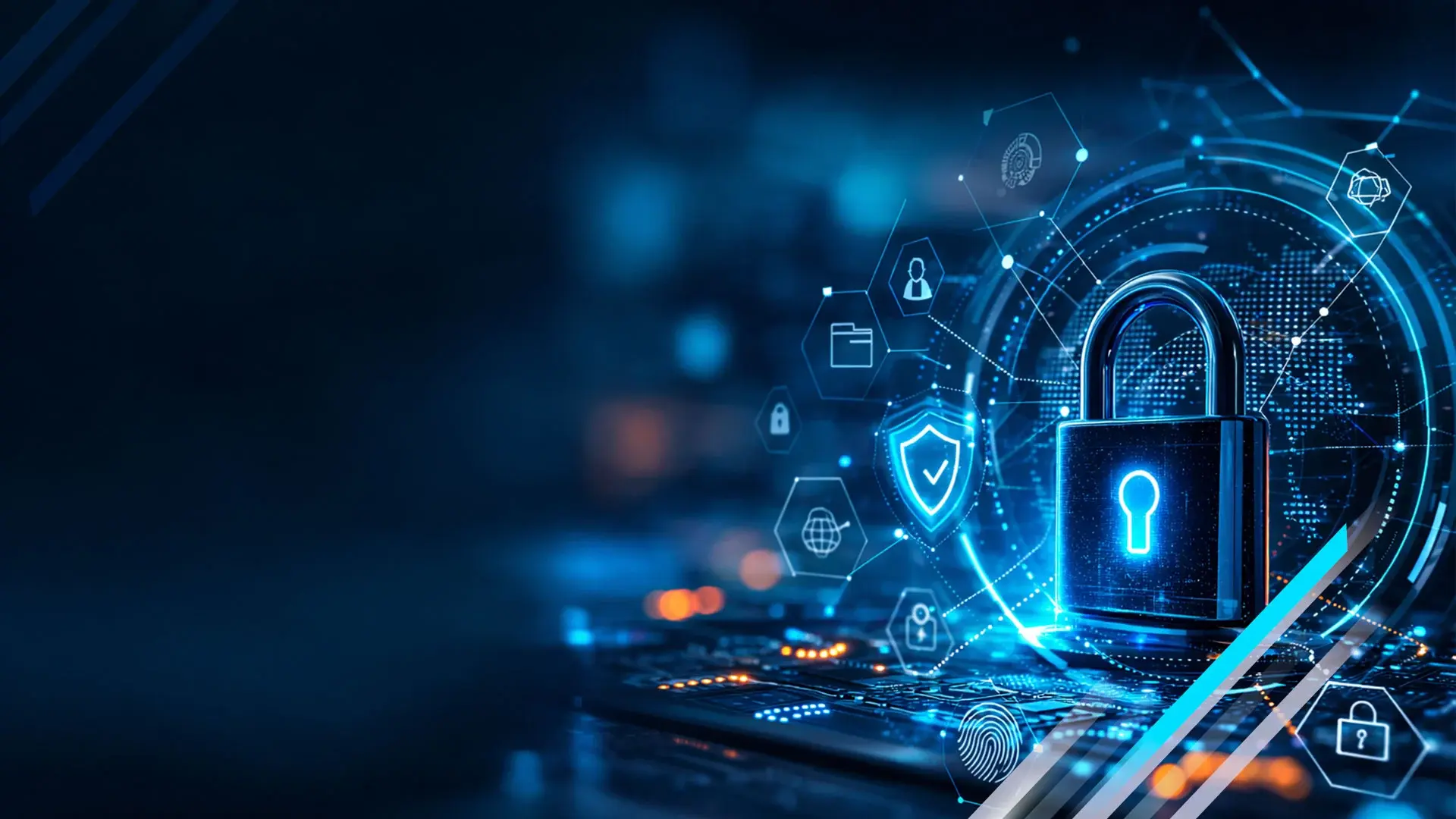 Segurança da informação para empresas: cadeado digital com ícones de cibersegurança, proteção de dados e firewall sobre circuito tecnológico